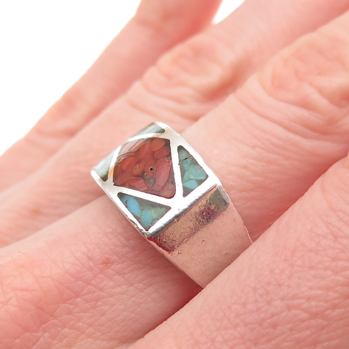 TOMMY LONG Old Pawn 925 Sterling Turquoise Coral Inlay Adjustable Ring Size 7.75