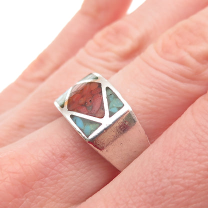 TOMMY LONG Old Pawn 925 Sterling Turquoise Coral Inlay Adjustable Ring Size 7.75