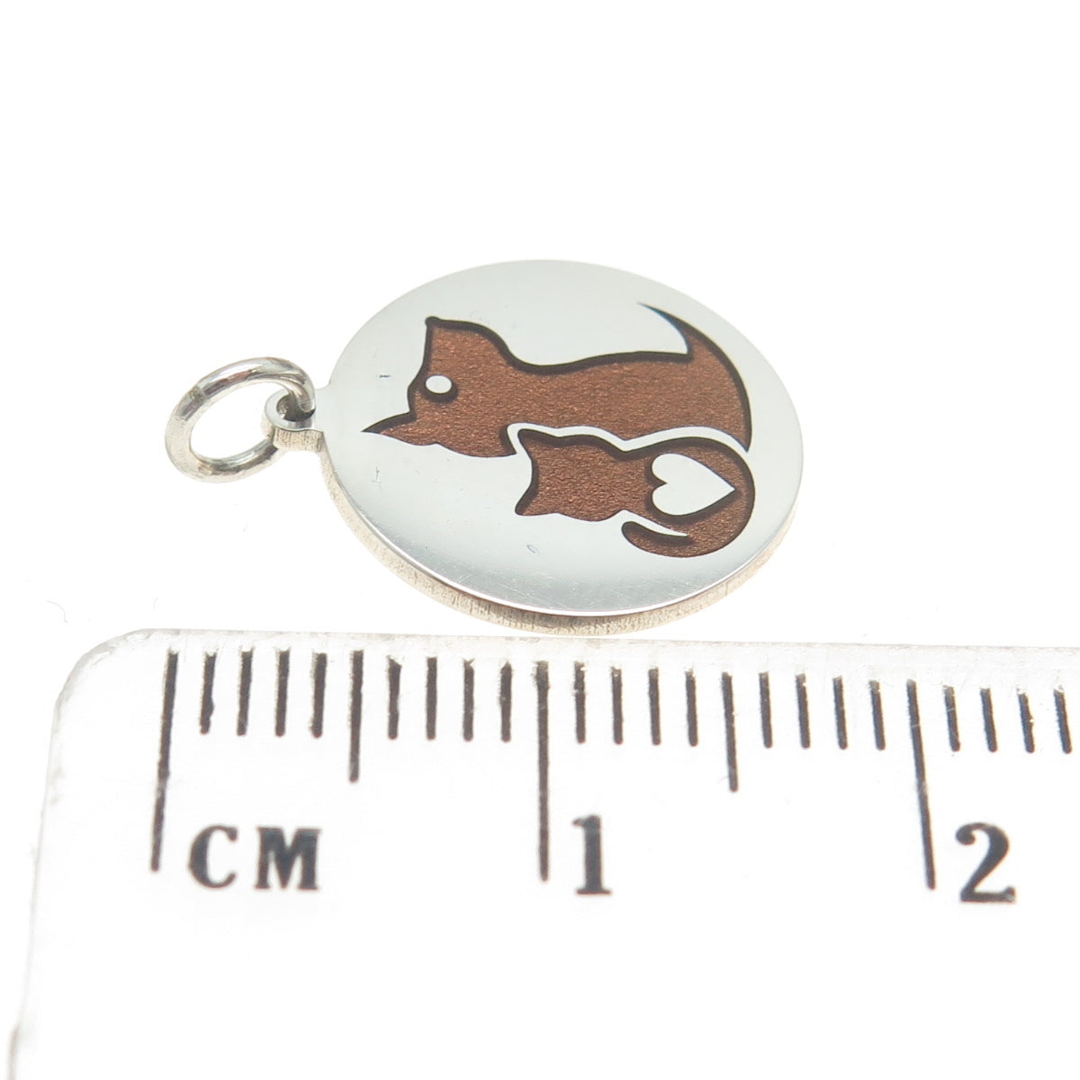 925 Sterling Silver Brown Enamel Cat & Dog Friendship Round Minimalist Pendant