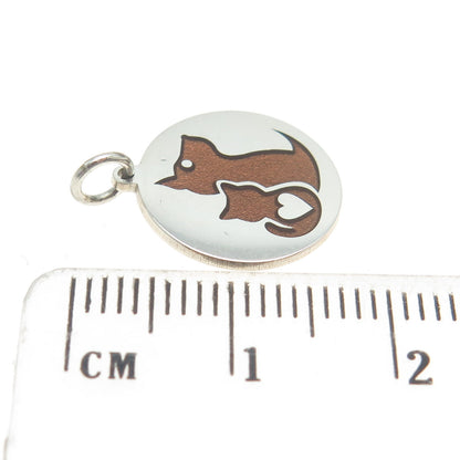 925 Sterling Silver Brown Enamel Cat & Dog Friendship Round Minimalist Pendant