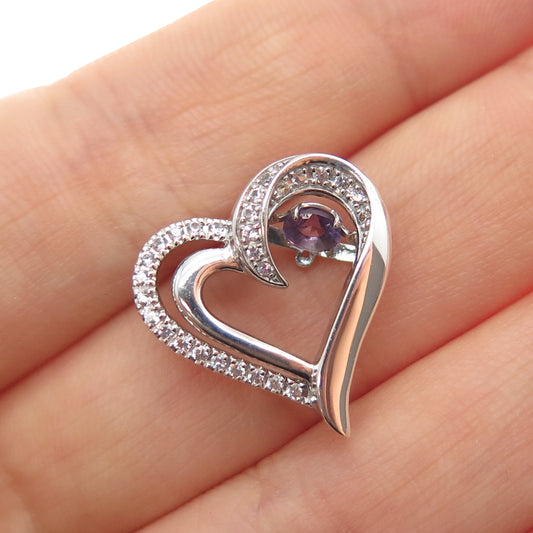 925 Sterling Silver Real Amethyst & White Topaz Heart Mini Slide Charm Pendant