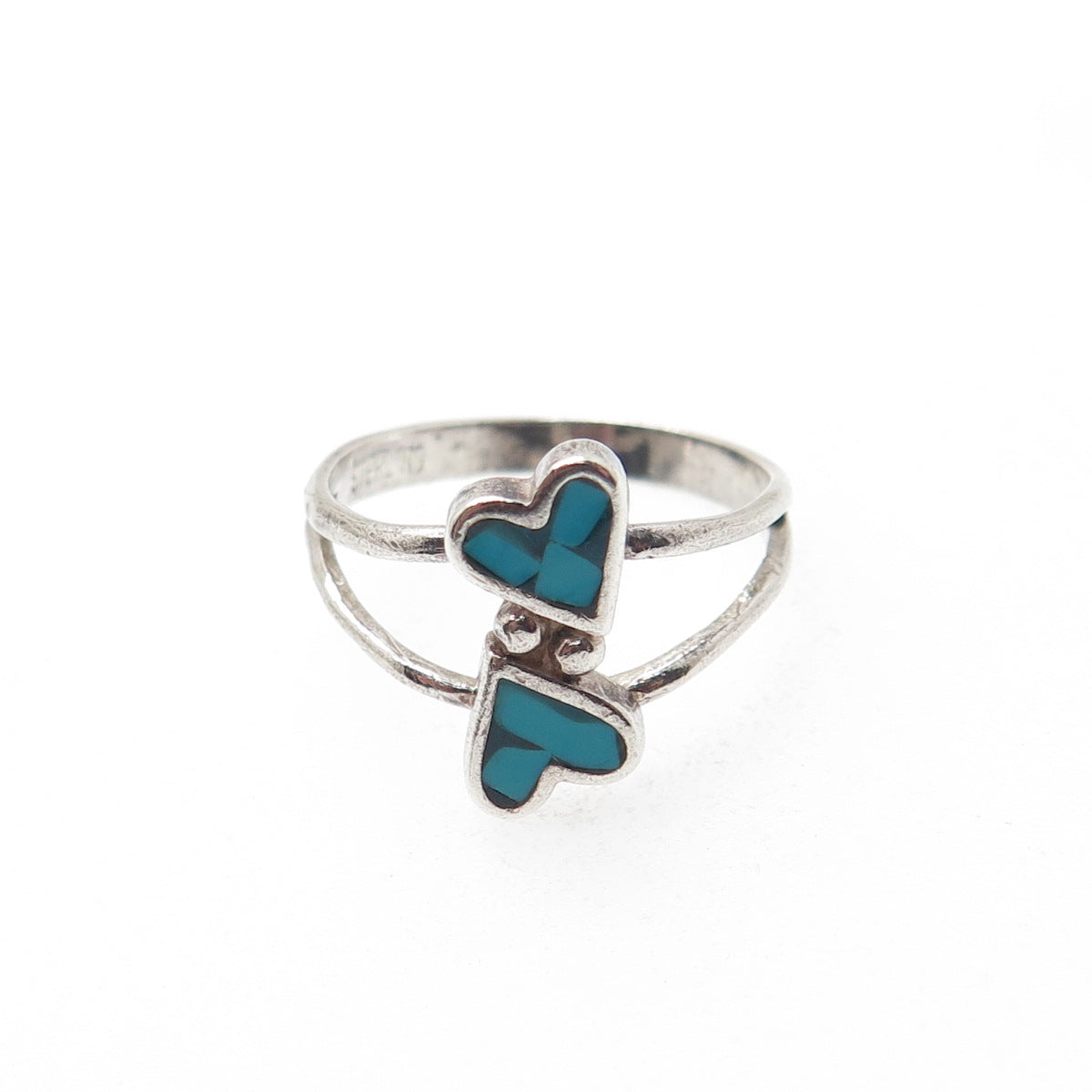 Old Pawn 925 Sterling Silver Vintage Turquoise Inlay Couple Heart Ring Size 6