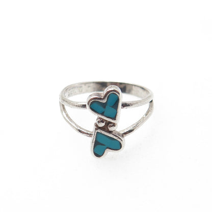 Old Pawn 925 Sterling Silver Vintage Turquoise Inlay Couple Heart Ring Size 6