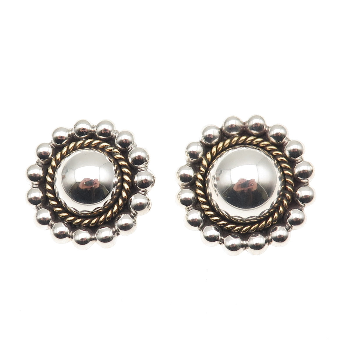 925 Sterling Silver 2-Tone Vintage Mexico Sun Beaded Oxidized Clip On Earrings