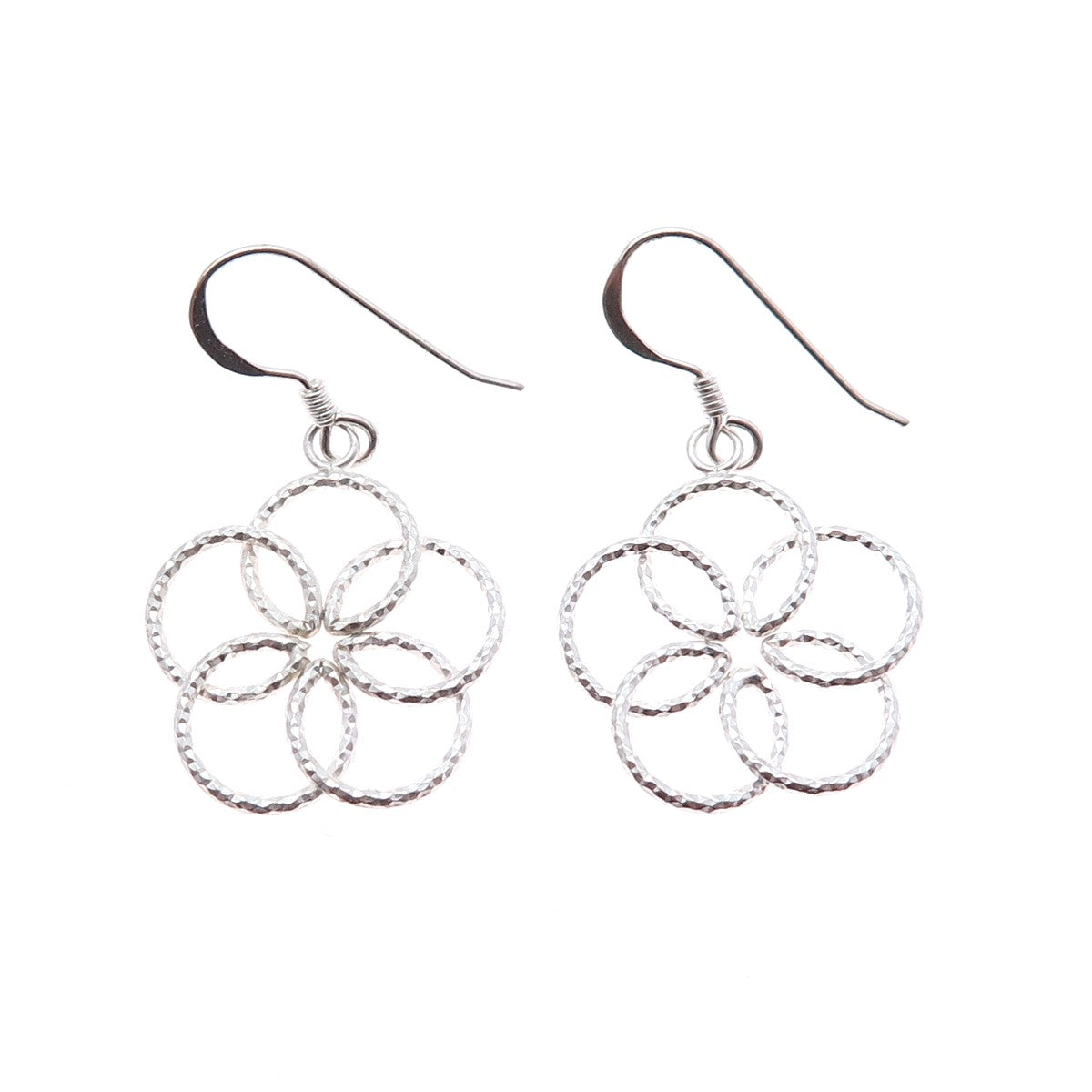 925 Sterling Silver Vintage Interlocked Circle Flower Dangle Earrings