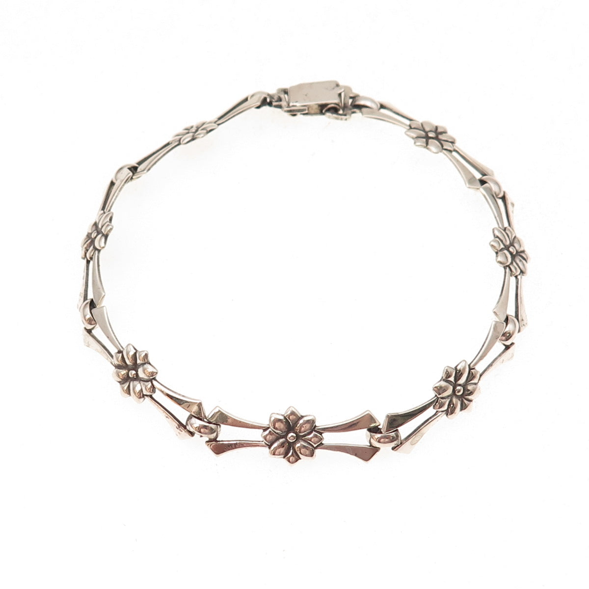 925 Sterling Silver Antique Art Deco Floral Oxidized Bracelet 7.5"
