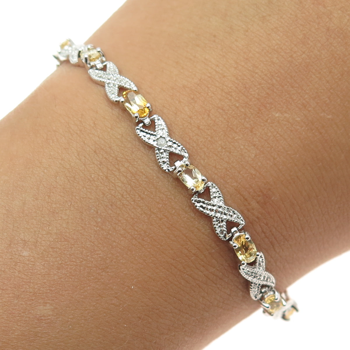 DEE BERKLEY JEWELRY Sterling Silver Diamond Accent & Citrine "X" Bracelet 7.25"