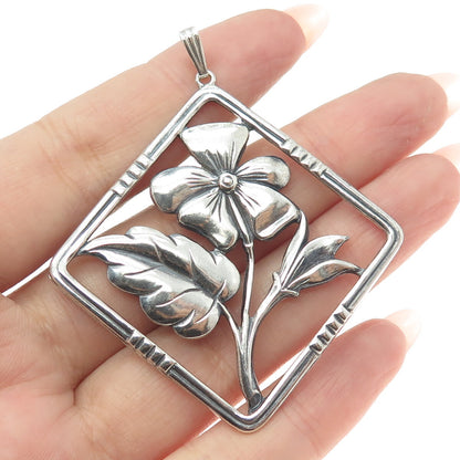925 Sterling Silver Antique Art Deco Flower Square Oxidized Pendant