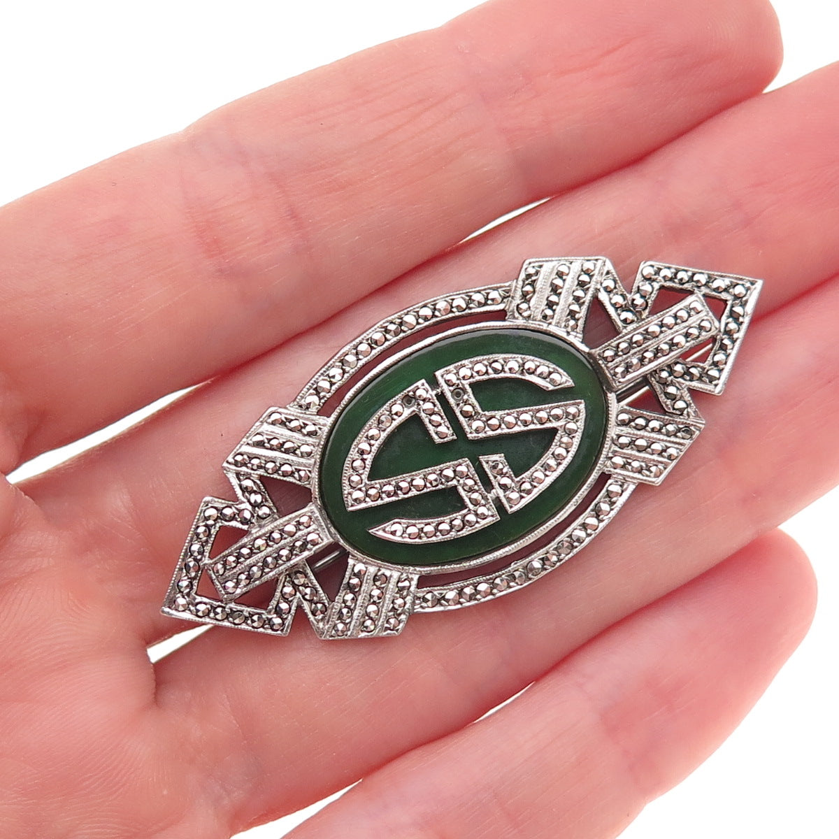Kimler & Daniel 925 Sterling Antique Onyx Marcasite Brooch (missing 2 stones)