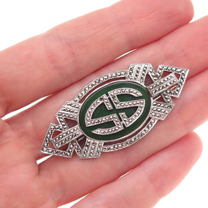 Kimler & Daniel 925 Sterling Antique Onyx Marcasite Brooch (missing 2 stones)
