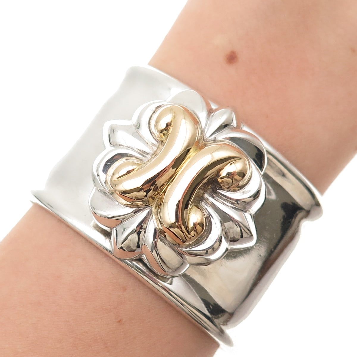 925 Sterling Silver 18K Gold Vintage Italy Floral Adjustable Bracelet 6.25"