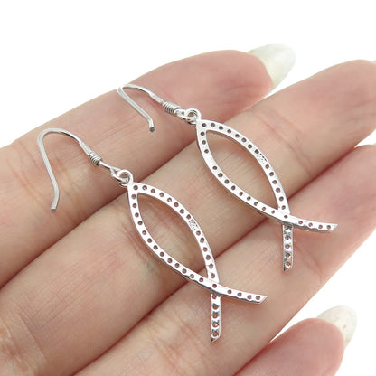 925 Sterling Silver Round-Cut C Z Ichthys Symbol Dangling Earrings