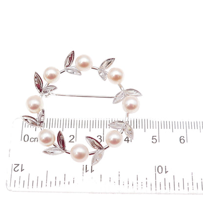 925 Sterling Silver Antique Art Deco Real Akoya Pearl Floral Circle Pin Brooch