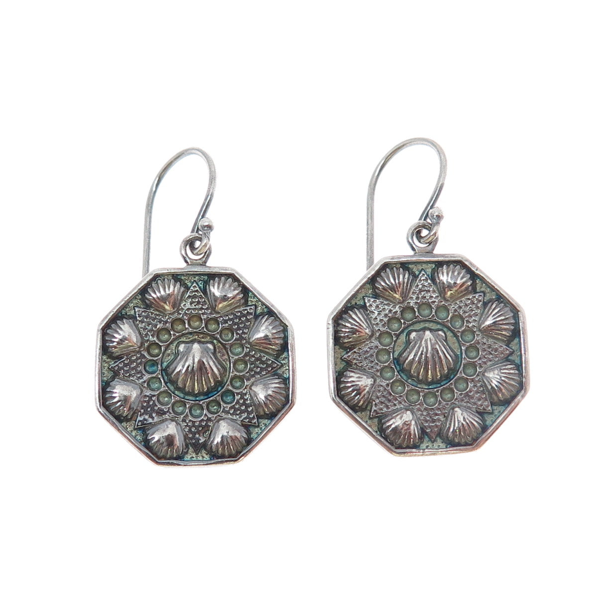 925 Sterling Silver Vintage Modernist Seashell Oxidized Dangle Earrings