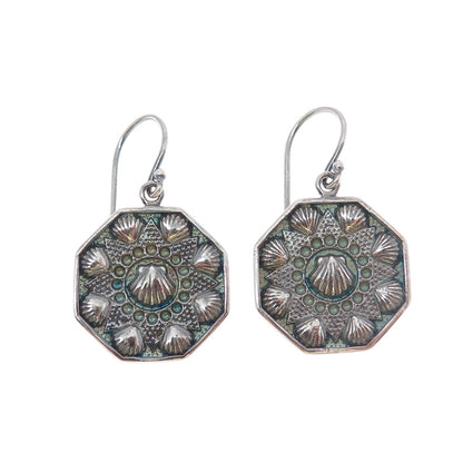 925 Sterling Silver Vintage Modernist Seashell Oxidized Dangle Earrings