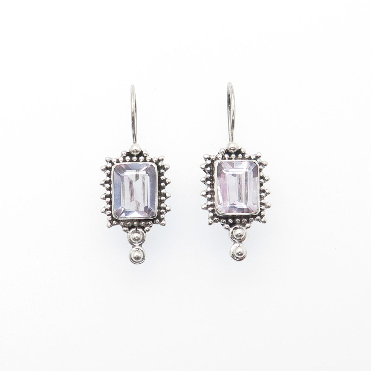 925 Sterling Silver Vintage Real Emerald-Cut Amethyst Granulated Dangle Earrings