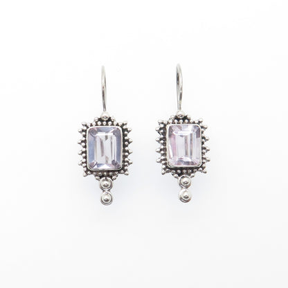 925 Sterling Silver Vintage Real Emerald-Cut Amethyst Granulated Dangle Earrings