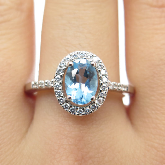 925 Sterling Silver Real Blue Topaz Gem & Round-Cut Shaped C Z Ring Size 7.25