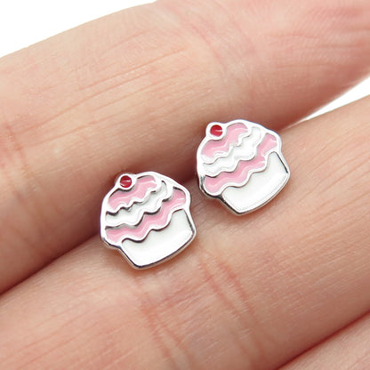 925 Sterling Silver Gold Plated Enamel Cupcake Stud Earrings