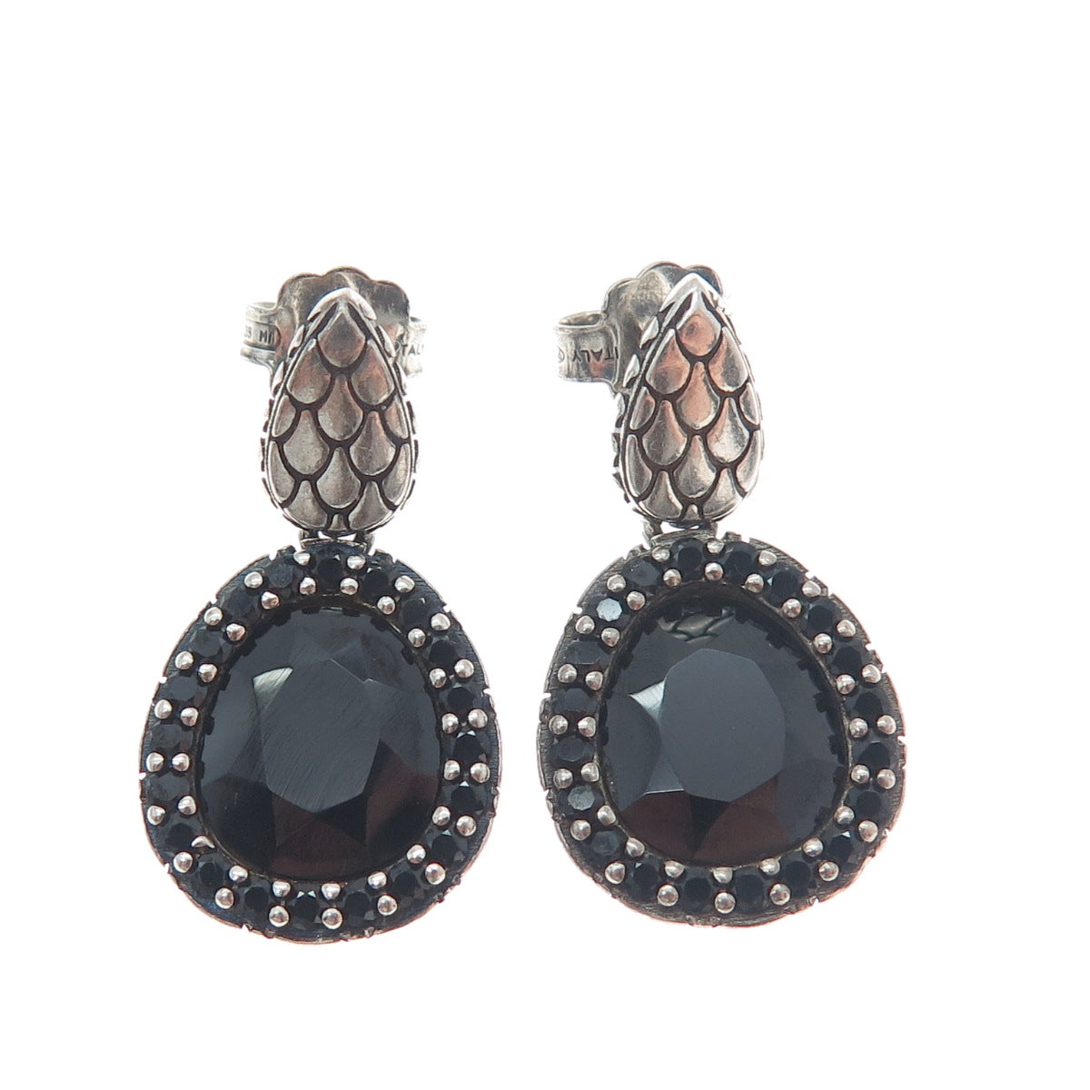 925 Sterling Silver Vintage Italy Real Black Spinel Gem Dangle Oxidized Earrings