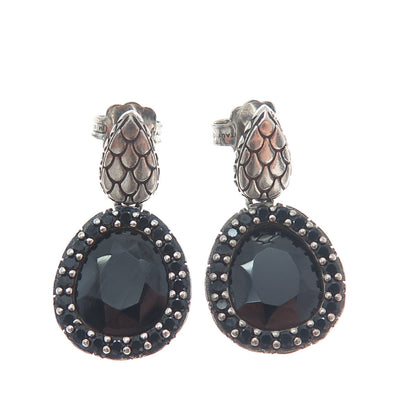 925 Sterling Silver Vintage Italy Real Black Spinel Gem Dangle Oxidized Earrings