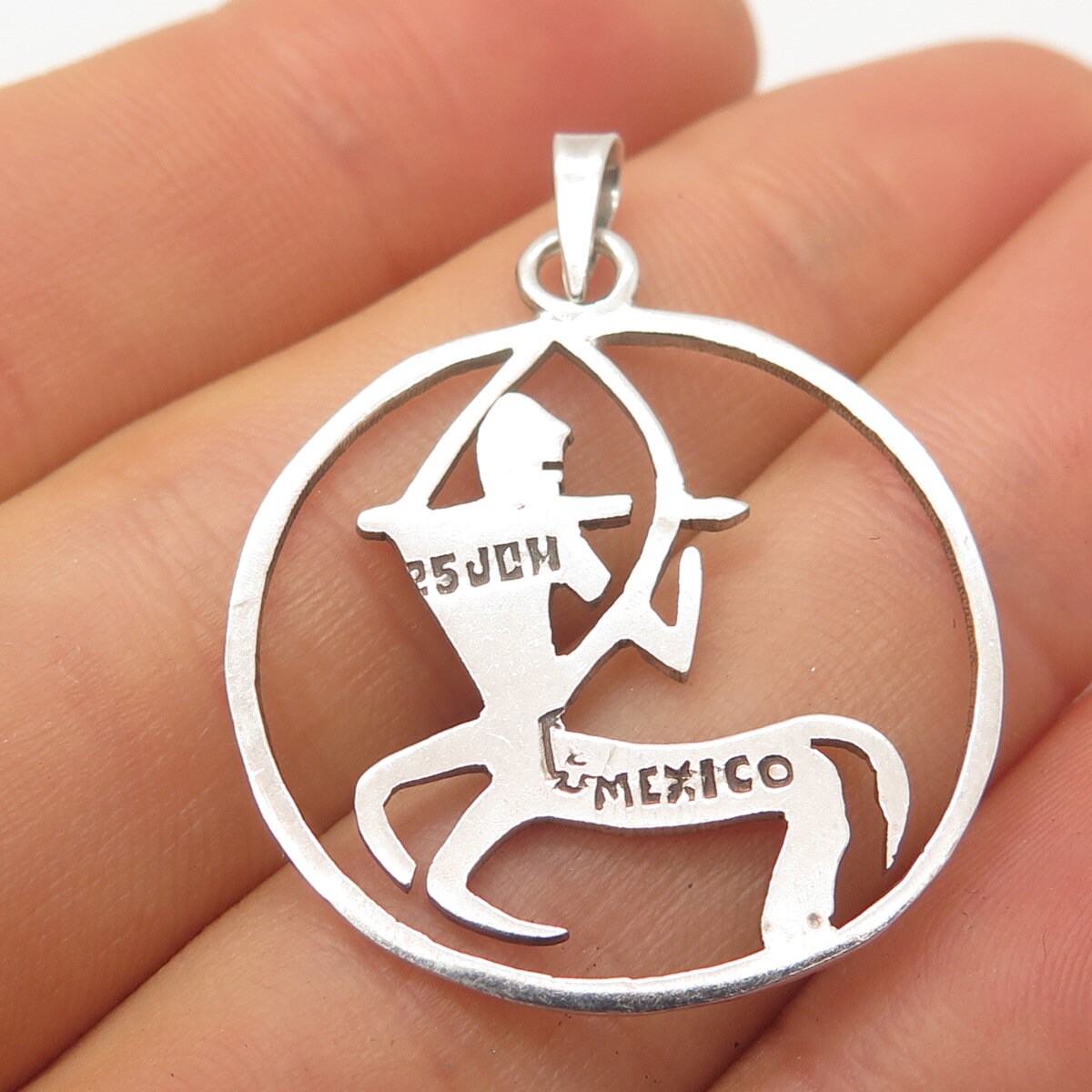 925 Sterling Silver Vintage Mexico "Sagittarius" Zodiac Sign Round Pendant