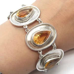 925 Sterling Silver Vintage Real Citrine Gemstone Modernist Bracelet 6.75"