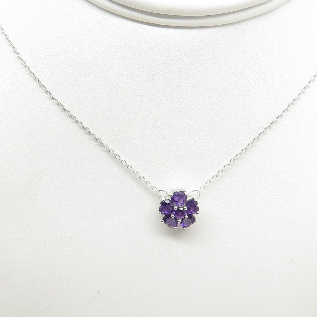 925 Sterling Silver Real Round & Heart-Cut Amethyst Floral Chain Necklace 18"