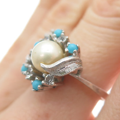 925 Sterling Silver Vintage Real Pearl Faux Turquoise & C Z Ring Size 6.5