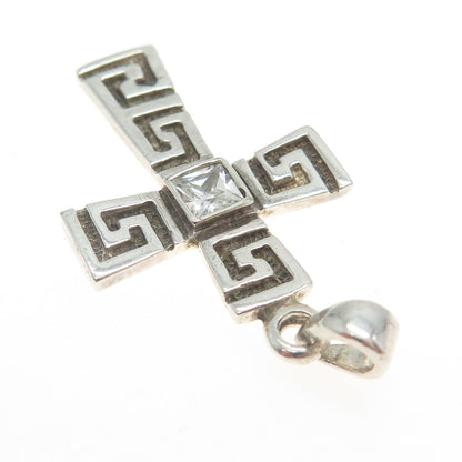 925 Sterling Silver Vintage Princess-Cut C Z Greek Maze Cross Pendant