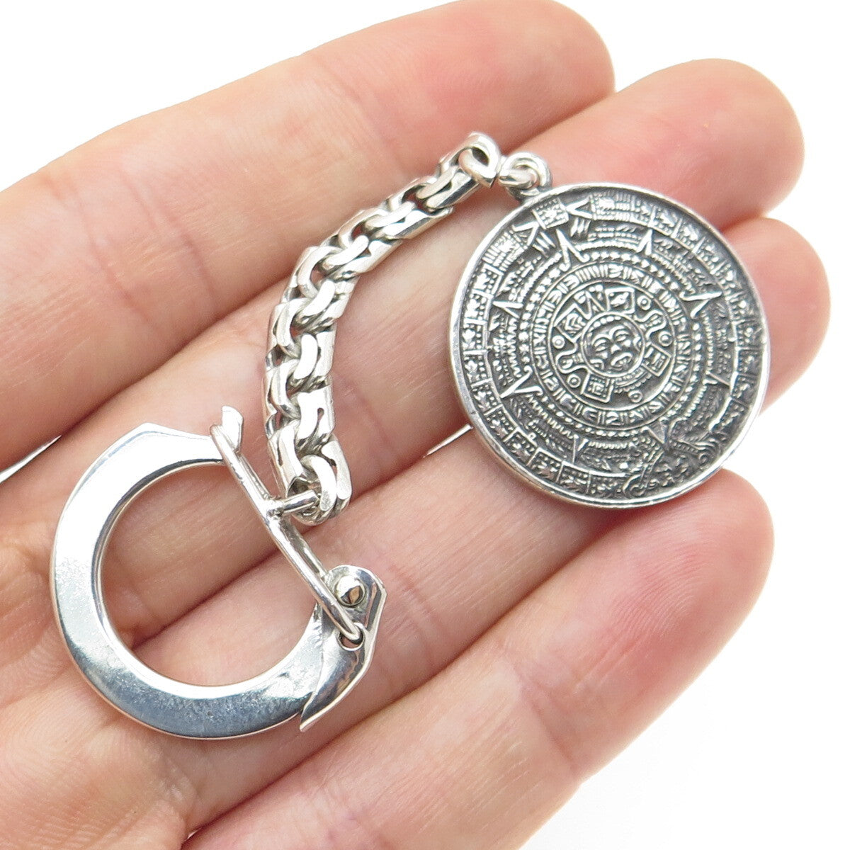925 Sterling Silver Vintage Mexico Mayan Calendar Oxidized Key Chain