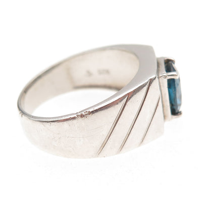 925 Sterling Silver Vintage Real Oval-Cut London Blue Topaz Ring Size 11
