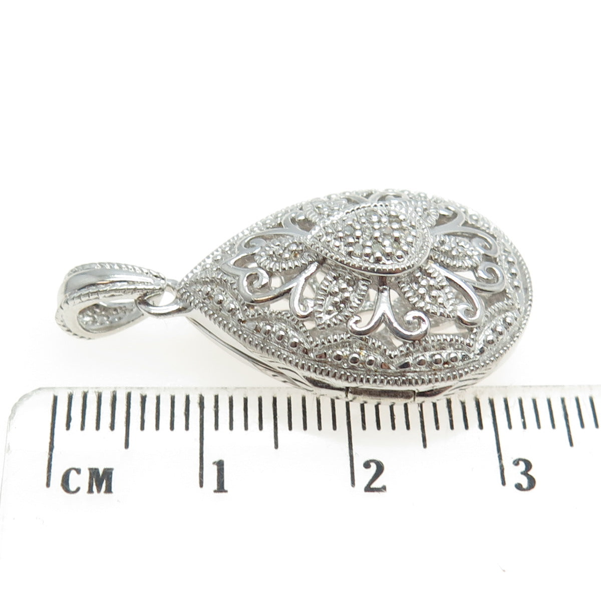 925 Sterling Silver Real Round-Cut Diamond Floral Teardrop Pendant