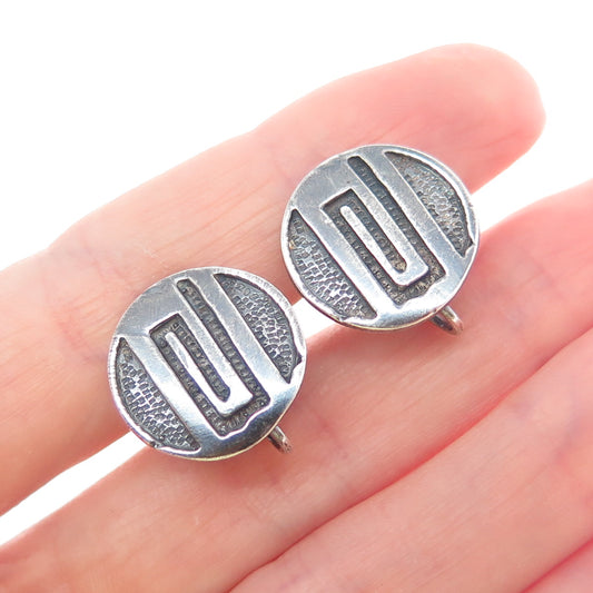925 Sterling Silver Vintage Tribal Maze Symbol Oxidized Screw Back Earrings