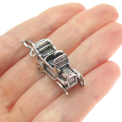 925 Sterling Vintage Carriage Car Spring Ring Lock Oxidized Movable 3D Pendant