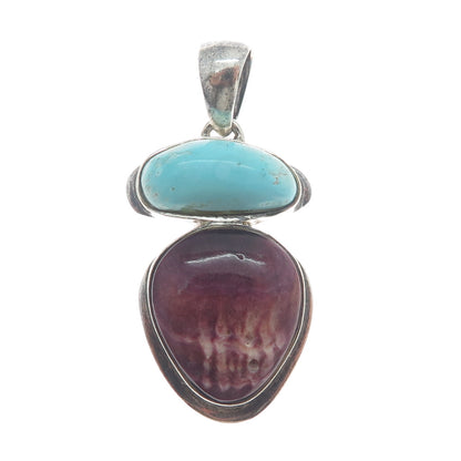 ALVIN JOE NAVAJO Old Pawn 925 Sterling Real Turquoise Spiny Oyster Shell Pendant