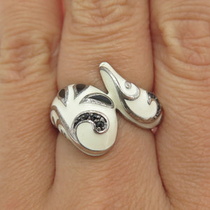 EMA 925 Sterling Silver Real Black Spinel Gemstone & White Enamel Ring Size 7.25