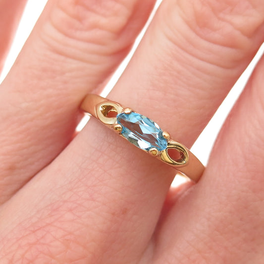 925 Sterling Silver Gold Plated Real Marquise-Cut Blue Topaz Ring Size 10
