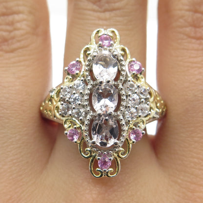 CHUCK CLEMENCY 925 Sterling Silver 2-Tone Morganite Sapphire Gem Ring Size 8.25