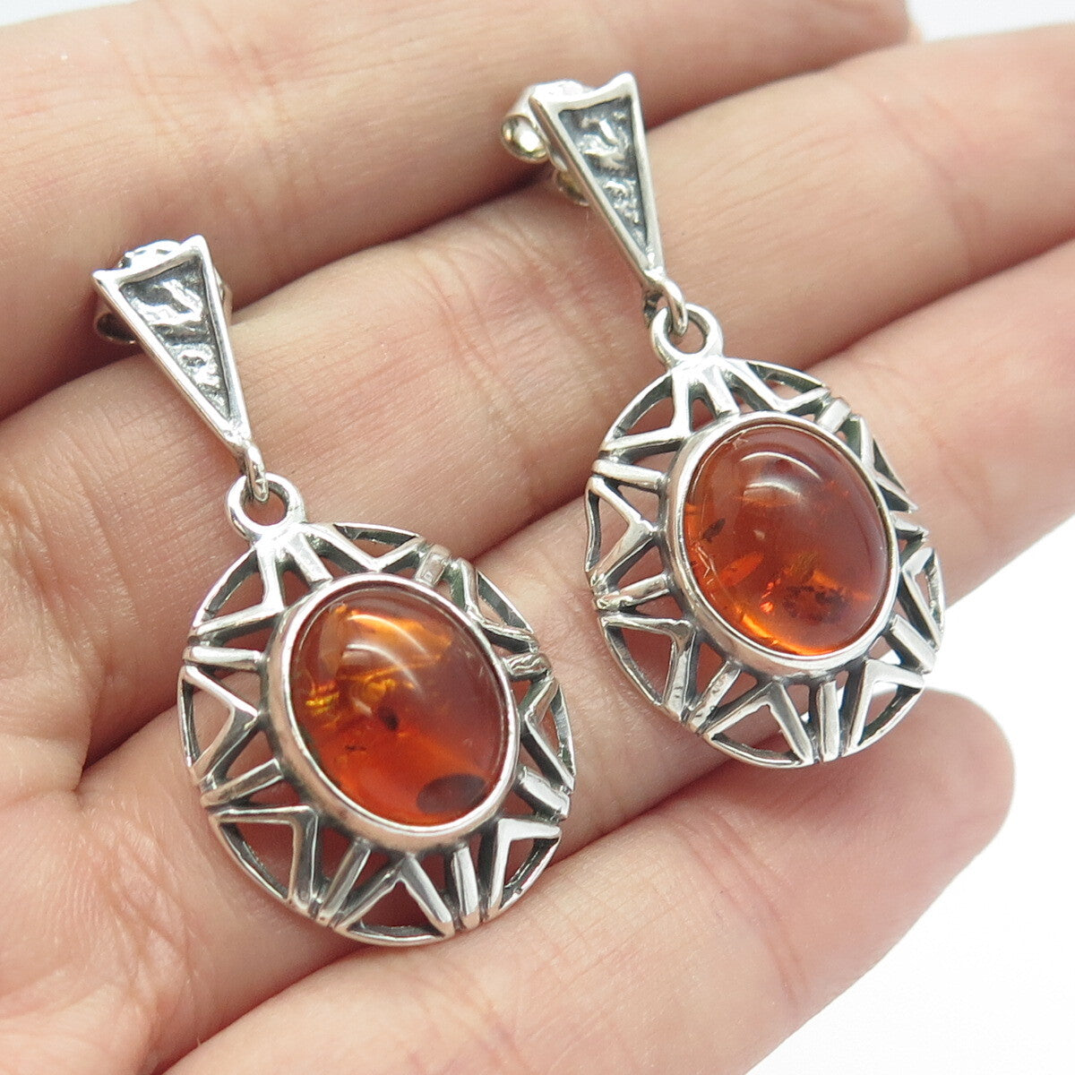 925 Sterling Silver Vintage Real Amber Sun Dangling Earrings