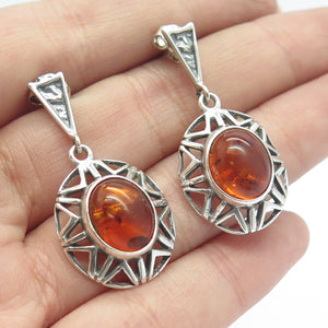 925 Sterling Silver Vintage Real Amber Sun Dangling Earrings