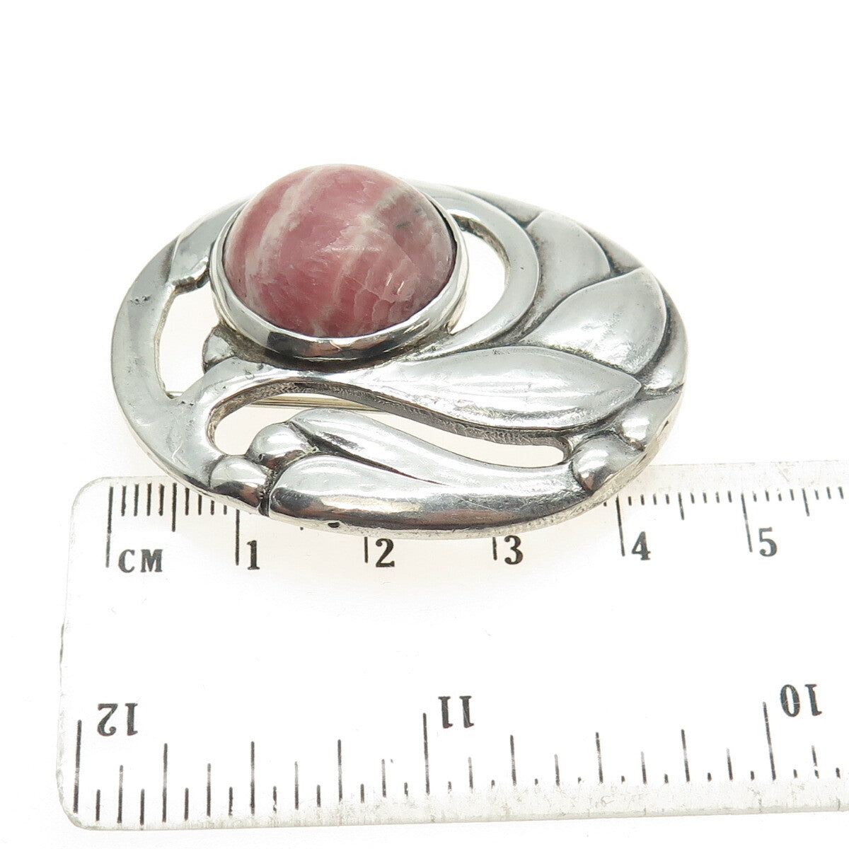925 Sterling Silver Vintage NTG Scandinavian Real Rhodochrosite Floral Brooch