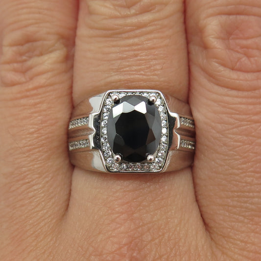 925 Sterling Silver Real Hematite & Round-Cut C Z Ring Size 8.25