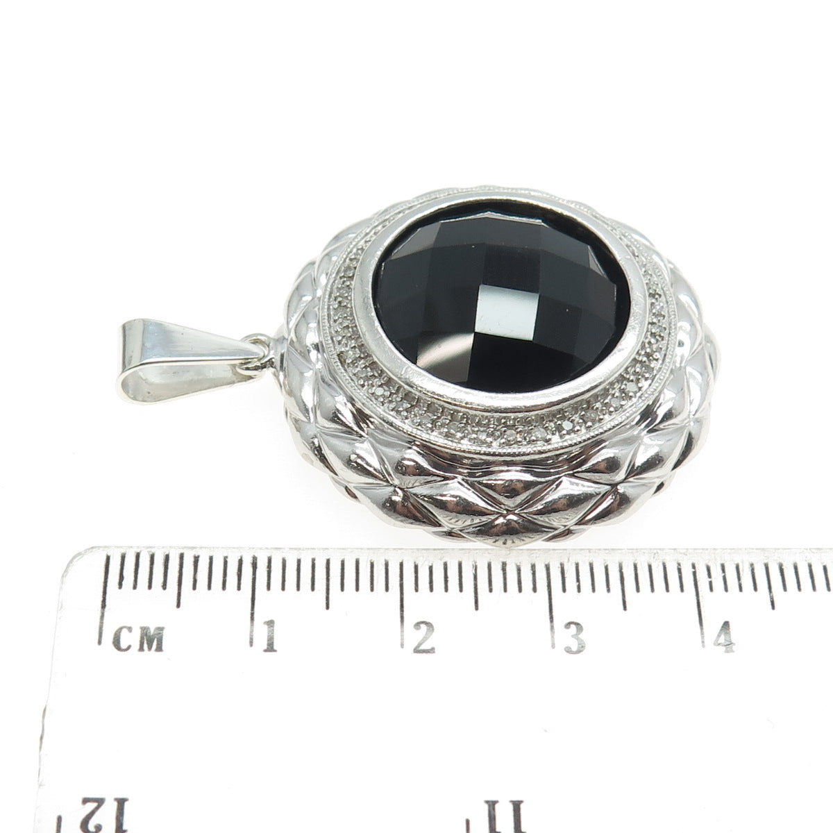 925 Sterling Silver Real Round-Cut Diamond & Black Onyx Round Pendant