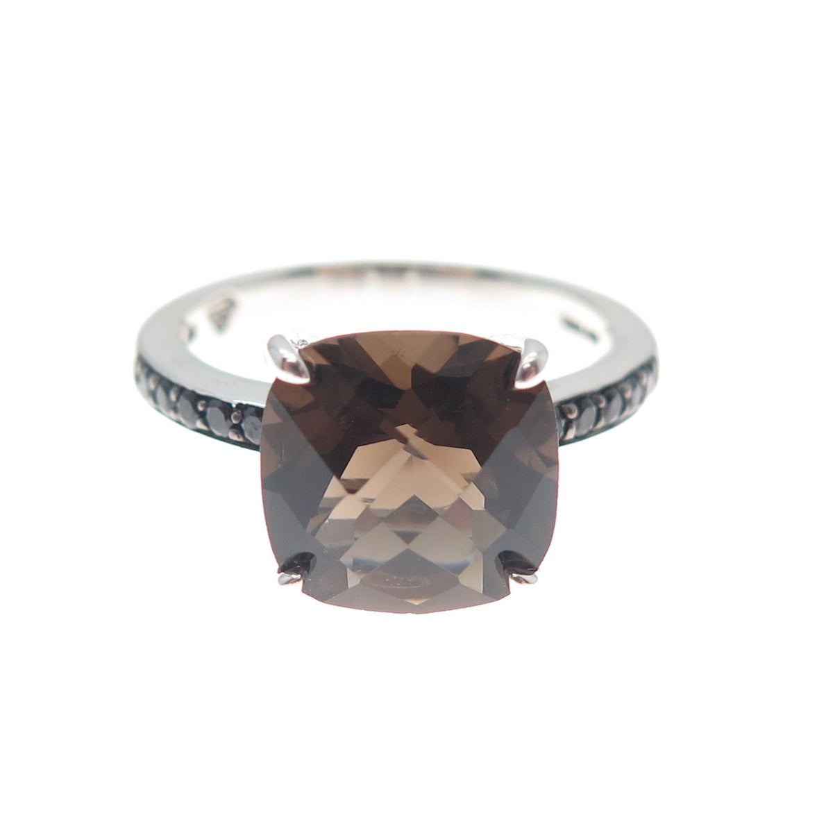 925 Sterling Silver Real Cushion-Cut Smoky Quartz & Black Spinel Ring Size 7.25