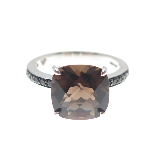 925 Sterling Silver Real Cushion-Cut Smoky Quartz & Black Spinel Ring Size 7.25