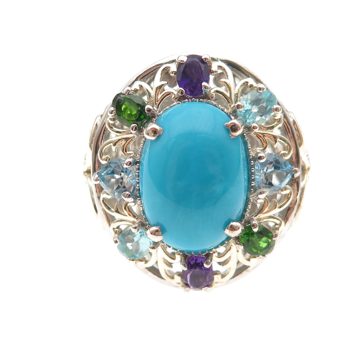Chuck Clemency 925 Sterling Silver 2-Tone Real Multi-Color Gem Ring Size 8