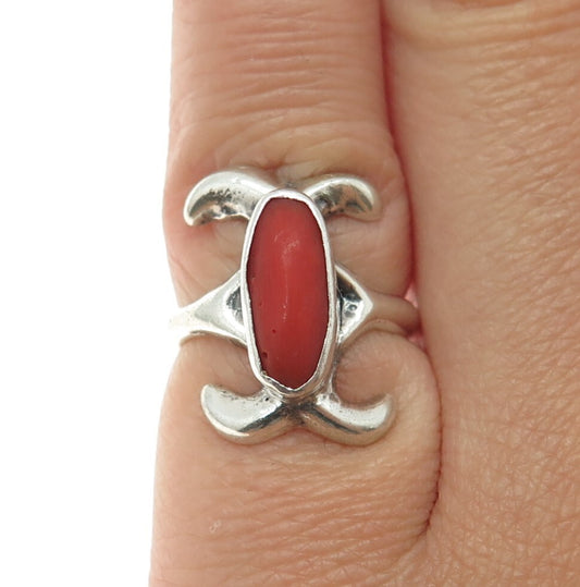 Old Pawn 925 Sterling Silver Vintage Southwestern Coral Ornate Ring Size 3.25