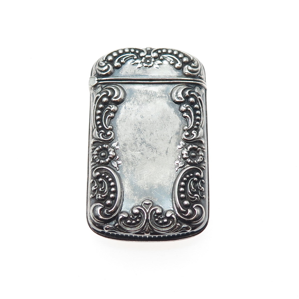 925 Sterling Silver Antique Art Deco Floral Repousse Oxidized Vesta Match Case