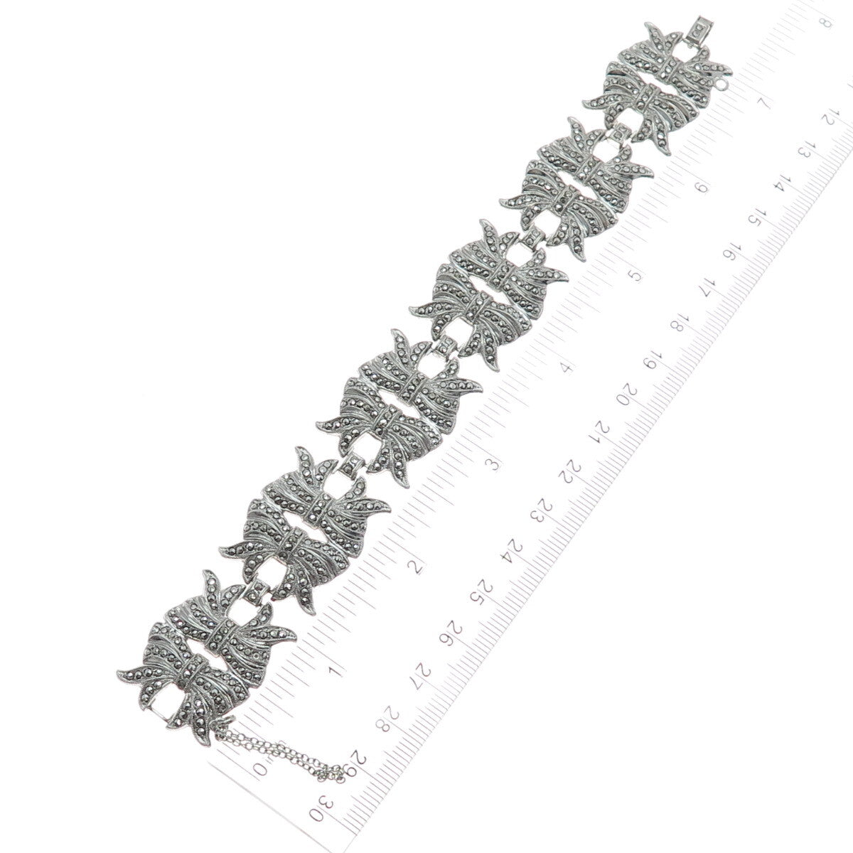 KD Kimler Daniel 925 Sterling Silver Antique Real Marcasite Bow Link Bracelet 7"